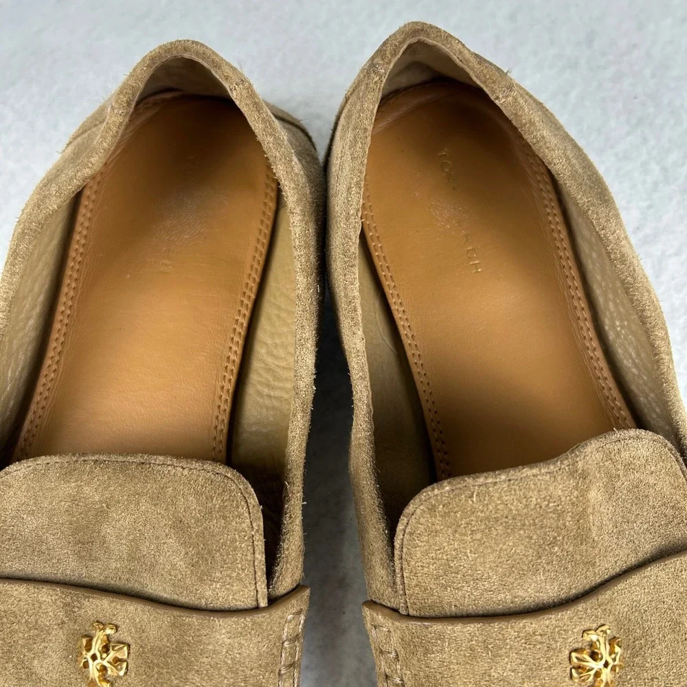 Tory Burch Loafers Womens Size 11M Tan Brown Suede Double T Logo Penny Shoes